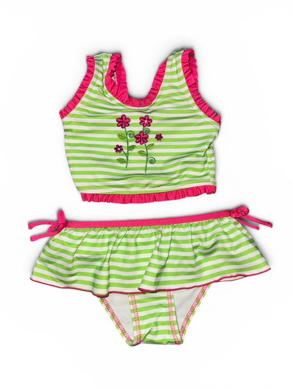 Penelope Mack Green and Pink Striped Girls Two-Piece Swim Set